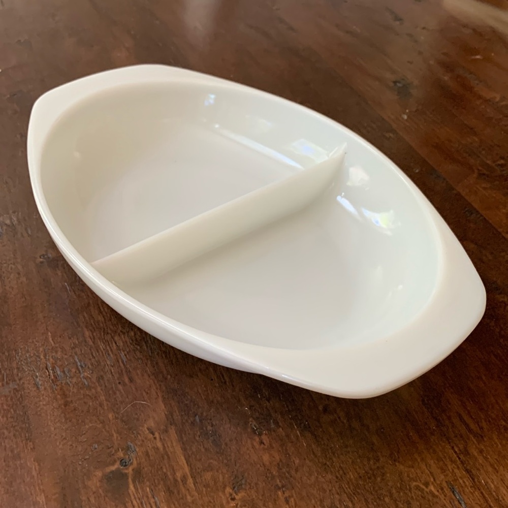PYREX White Vintage Opal (Milkglass) 13" Oval Divided Vegetable Bowl